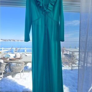 Boutique Vtg Jan Sue of Cali Teal Ruffle Maxi Dress • Long Sleeve Button Front